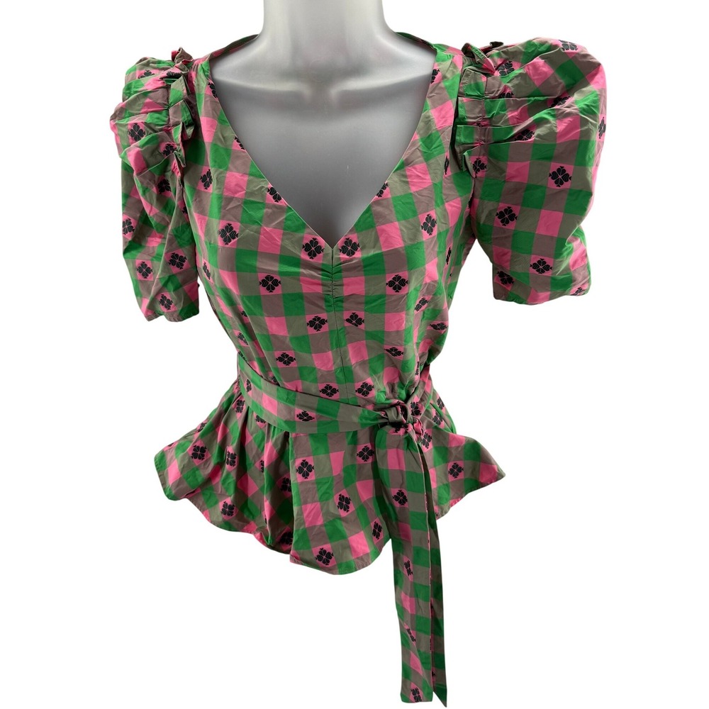 Kate Spade Collection Pink Green Gingham Puff Sleeve Peplum Shirt Size 0